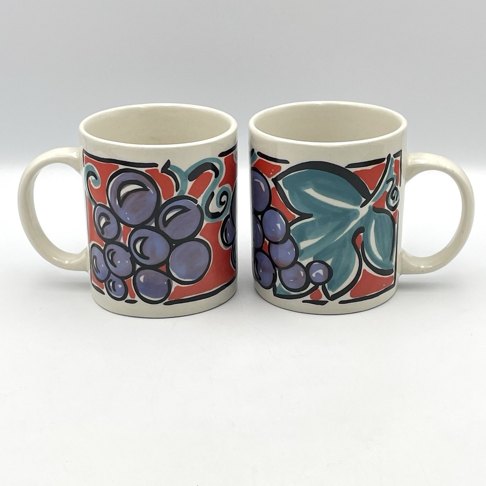 Vtg Gibson Housewares Grape Coffee Mugs Set of 2 Purple Teal Red Ceramic 3.75"